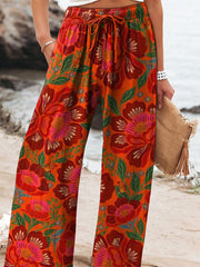 Ethnic Style Summer Floral Pattern Printed Women's Cotton And Linen Casual Pants