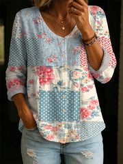 Artistic Polka Dot & Floral Patchwork Print Cotton Shirt – Women's Elegant, Casual, Soft Cotton Top