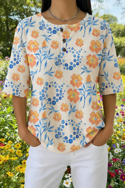 Womens White Orange Daisy Print Casual Waffle Cotton Shirt