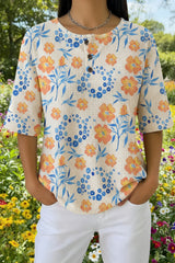 Womens White Orange Daisy Print Casual Waffle Cotton Shirt