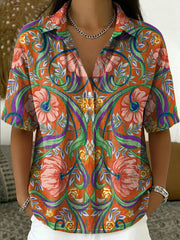 Women's Vintage Botanical Floral Casual Polo Collar Short-sleeved Linen And Cotton Shirt