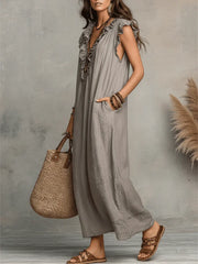 Ruffled Art Print Cotton-Linen Dress - Minimalist Sculptural Maxi