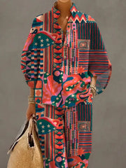 Women's Retro Art Print Casual 3/4 Sleeve Top And Pants Cotton Linen Suits