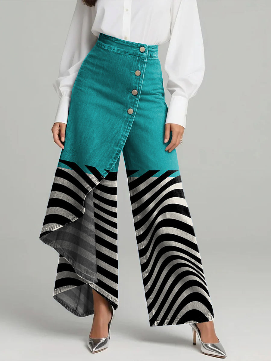 Women's Geometry Print High-waisted Relaxed Fit Wide-leg Jeans With A Stylish Design.