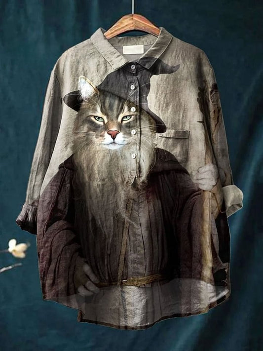 Women's Vintage Funny Cat Lover Art Print Casual Cotton And Linen Shirt