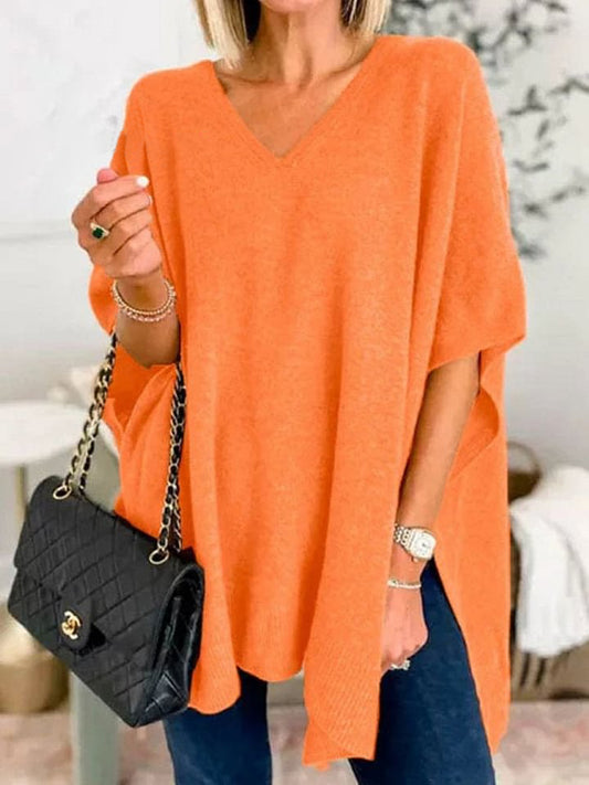 Women's Bat Sleeve Solid Color V-Neck Pullover Poncho Sweater