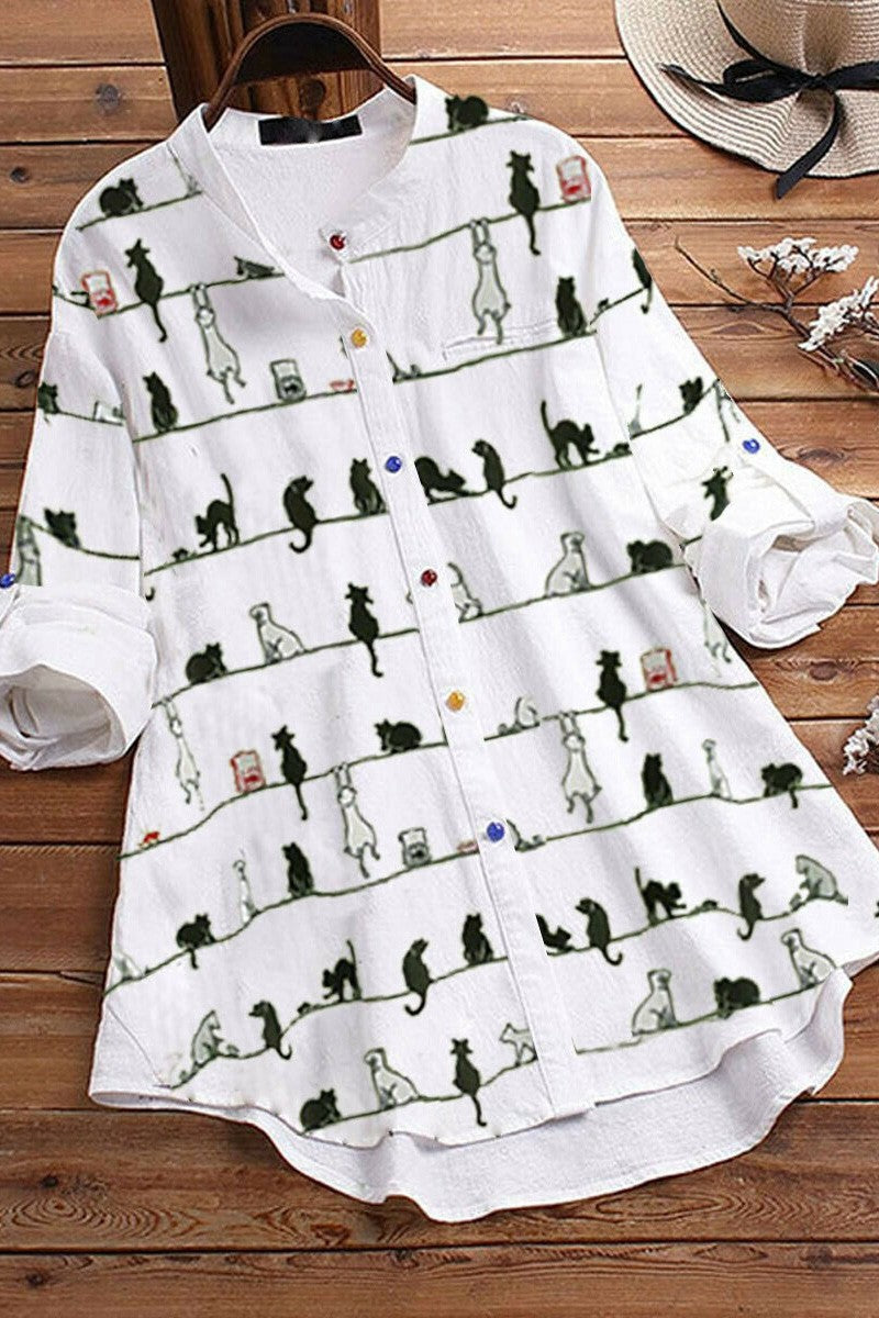 Cartoon Cat Print Buttons Long Sleeves Blouse