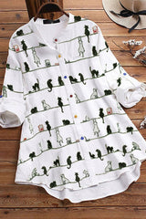 Cartoon Cat Print Buttons Long Sleeves Blouse