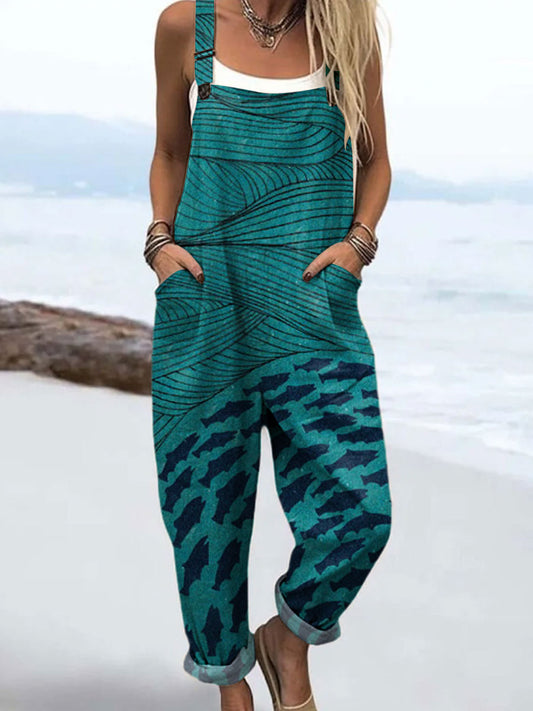 Women's Ocean and Fish Art Print Casual Cotton Wide Leg Jumpsuit