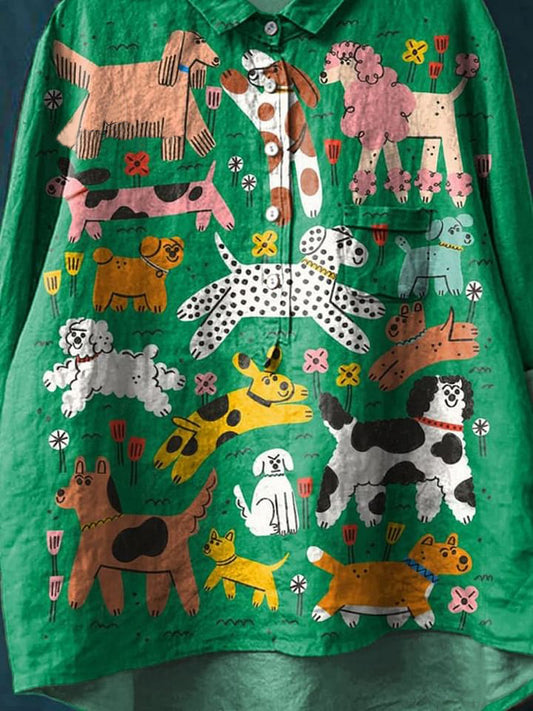 Cute Lovely Dogs Art Print Casual Cotton And Linen Shirt