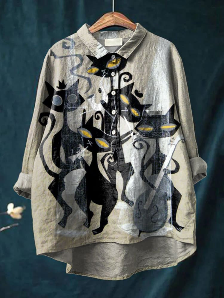 Women's Black Cats Print Casual Cotton And Linen Shirt