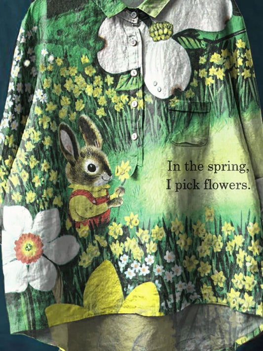 In The Spring I Pick Flowers Cute Rabbit Floral Art Print Casual Cotton And Linen Shirt