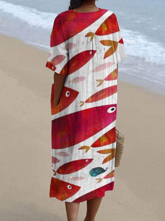 Decorative Pattern of Red Fish Swimming Diagonally Upwards Flowy Dress