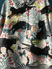 Vintage Lovely Cats Floral Art Print Casual Cotton And Linen Shirt