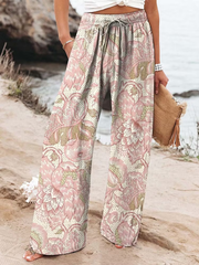 Women's Vintage Flowers Art  Printed Cotton And Linen Casual Pants