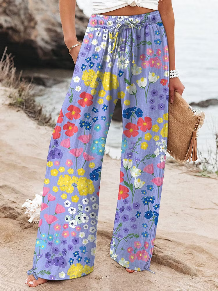 Women's Vintage Flowers Art  Printed Cotton And Linen Casual Pants