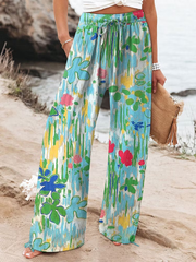 Women's Vintage Flowers Art  Printed Cotton And Linen Casual Pants