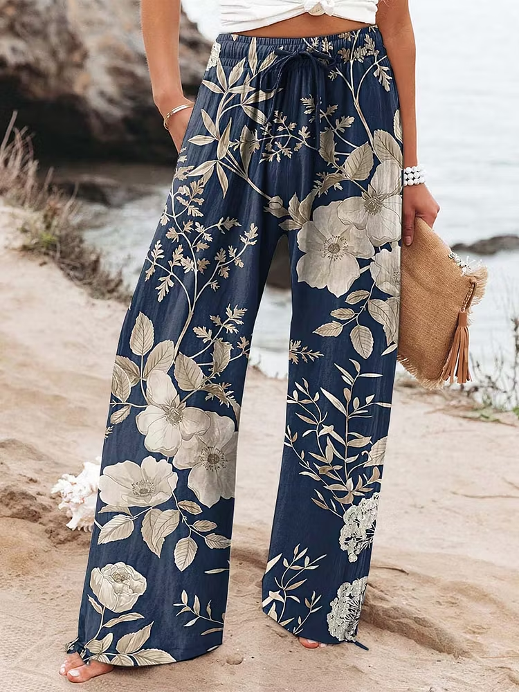 Women's Vintage Flowers Art  Printed Cotton And Linen Casual Pants