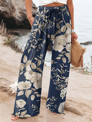 Women's Vintage Flowers Art  Printed Cotton And Linen Casual Pants