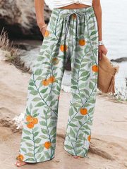 Women's  Vintage Flowers Art  Printed Cotton And Linen Casual Pants