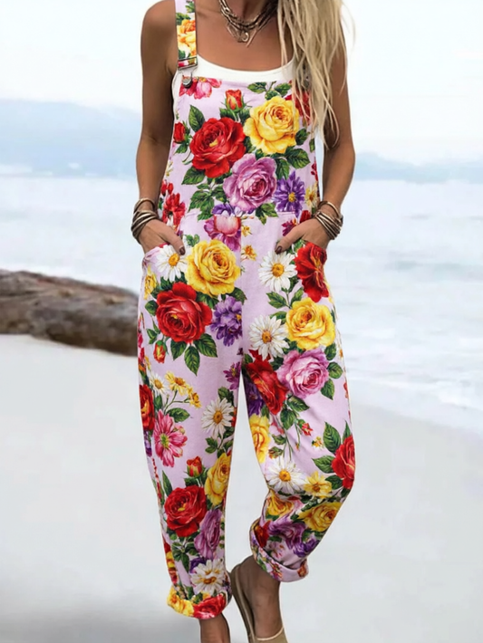 Women's Retro Garden Floral Print Cotton Linen Blend Loose Jumpsuit