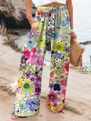 Women's  Vintage Flowers Art  Printed Cotton And Linen Casual Pants