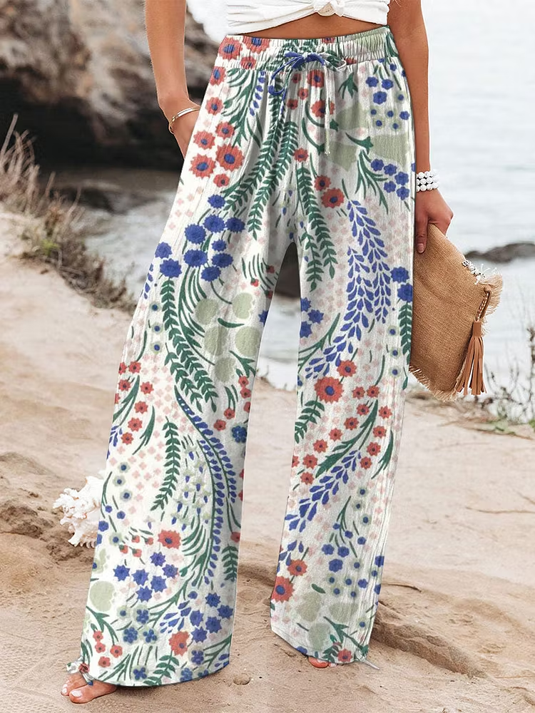 Women's Vintage Flowers Art  Printed Cotton And Linen Casual Pants