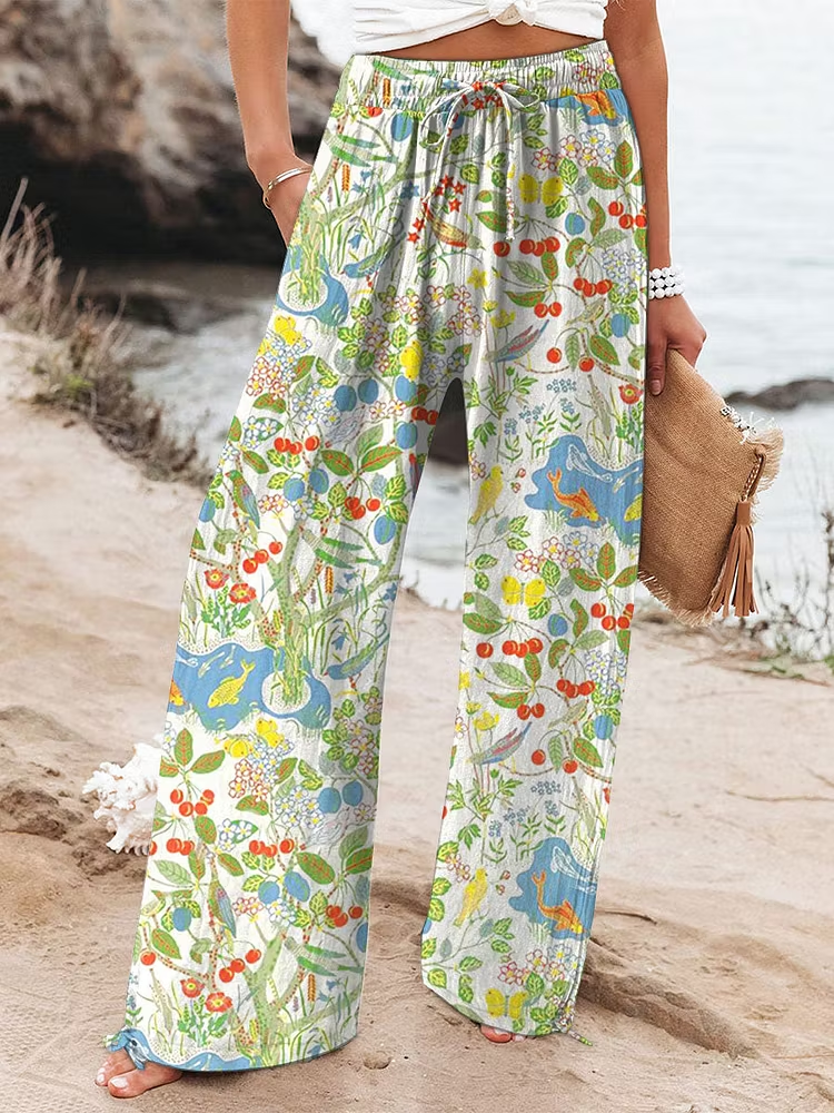 Women's Vintage Flowers Art  Printed Cotton And Linen Casual Pants