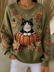 Casual Cat Crew Neck Long Sleeve Sweatshirt