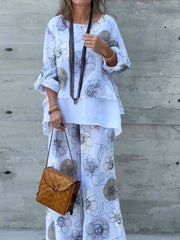 Womens Abstract Print Cotton Linen Spliced Top And Wide Leg Pants Set