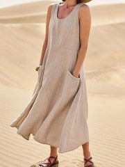 Women Sleeveless Sundress Elegant Round Neck Cotton Linen Solid Long Tank Casual Summer Dress