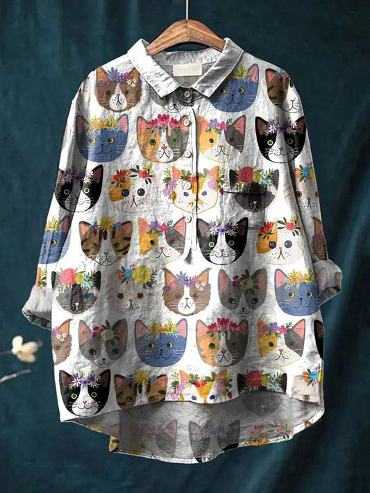 Women's Vintage Lovely Floral Cats Art Print Casual Cotton And Linen Shirt