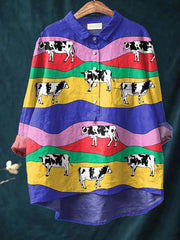Rainbow Cow Art Pattern Print Casual Cotton And Linen Shirt