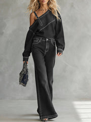 Women's Off-the-shoulder Long-sleeved Casual Loose Top And High-waisted Wide-leg Denim Pants Set.