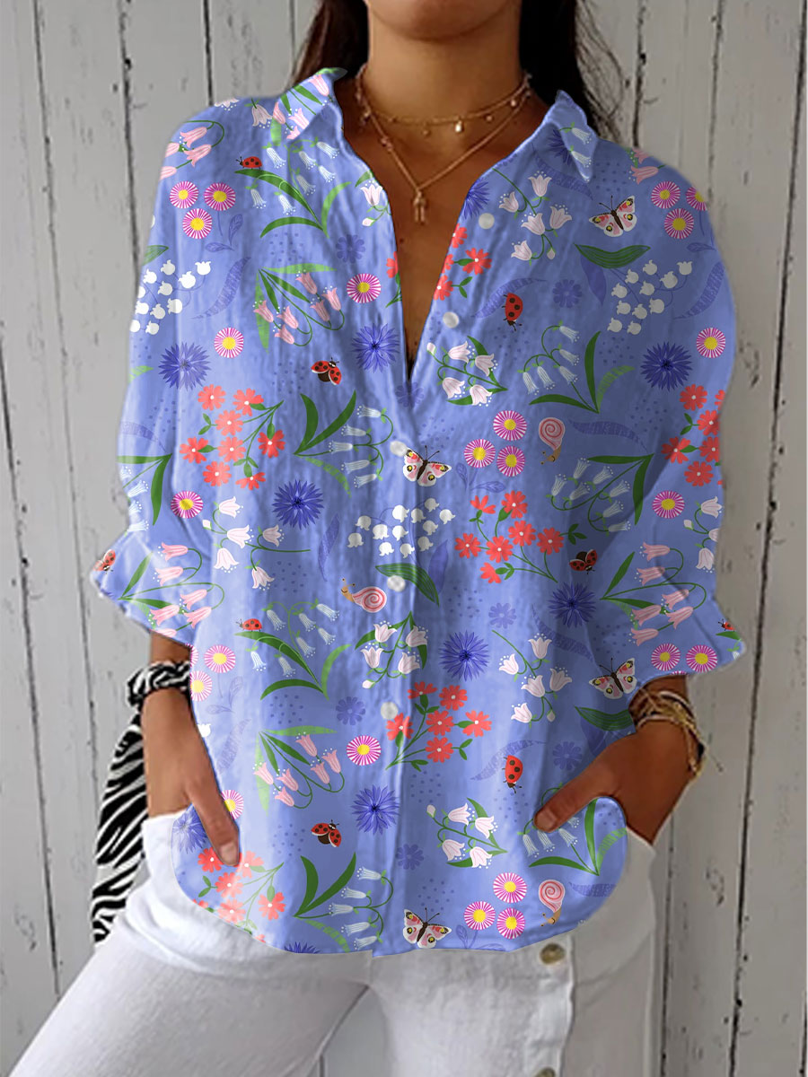 Women's Vintage Flower Art Print Casual Linen V-neck Shirt