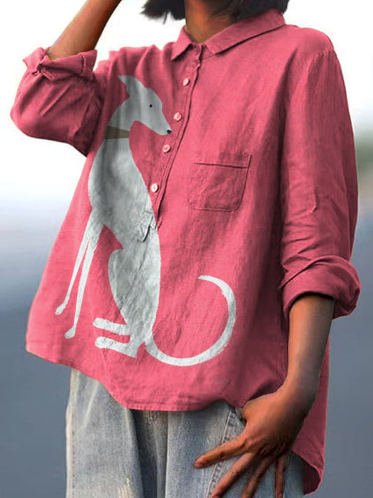 There Is A Decorative Pattern of A White Greyhound Sitting On The Pink Background Casual Cotton And Linen Shirt