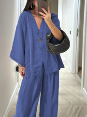 Women's Solid Color V-Neck Cardigan Top High Waist Casual Linen Wide Leg Pants Set