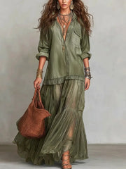 Mixed-Media Denim Art Dress - Elegant Organza Paneled Long Dress