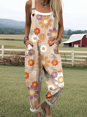 Women's Vintage Floral Art Print Casual Cotton Wide Leg Jumpsuit