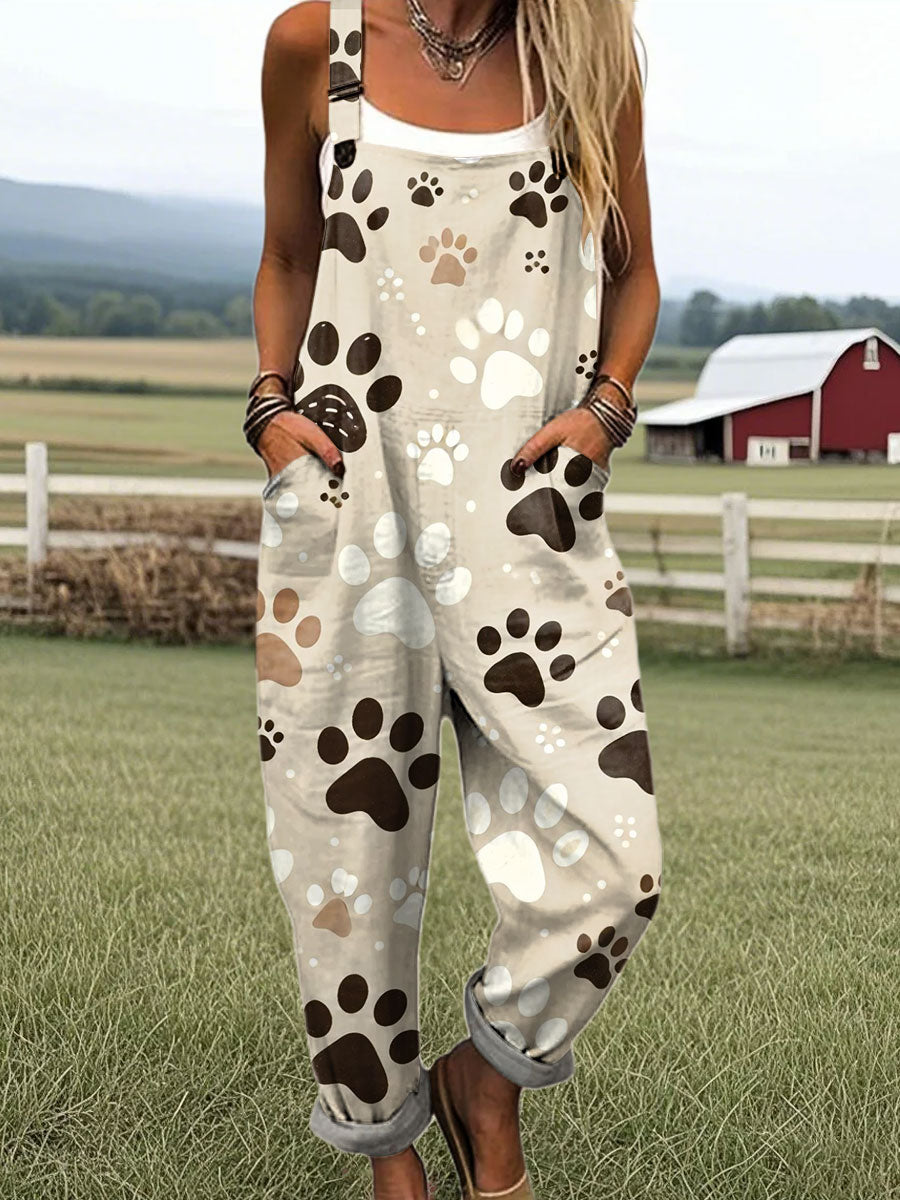 Women's Vintage Dog Paw Print Art Print Casual Cotton Wide Leg Jumpsuit