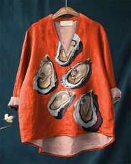 Oyster Print Casual V-neck Cotton and Linen Shirt