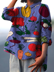 Contrast Color Vegetable and Fruit Decorative Patterns Casual Cotton And Linen Shirt
