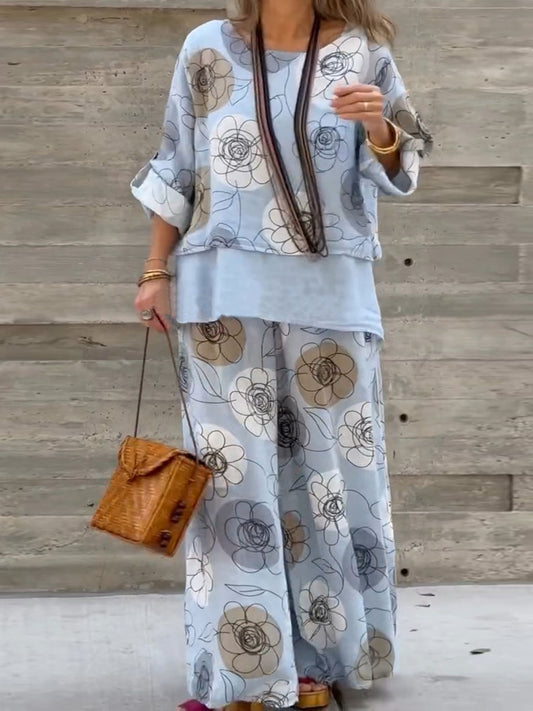 Womens Abstract Print Cotton Linen Spliced Top And Wide Leg Pants Set