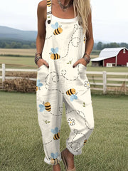 Women's Vintage Funny Bee Art Print Casual Cotton Wide Leg Jumpsuit