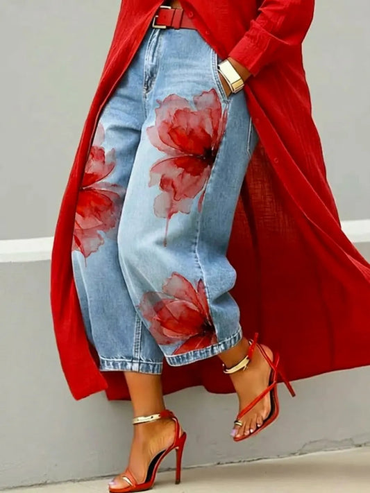 Women's Retro Floral Pattern Art Print Casual Jeans