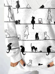 Women's Cat Print Casual Long Sleeve Sweater