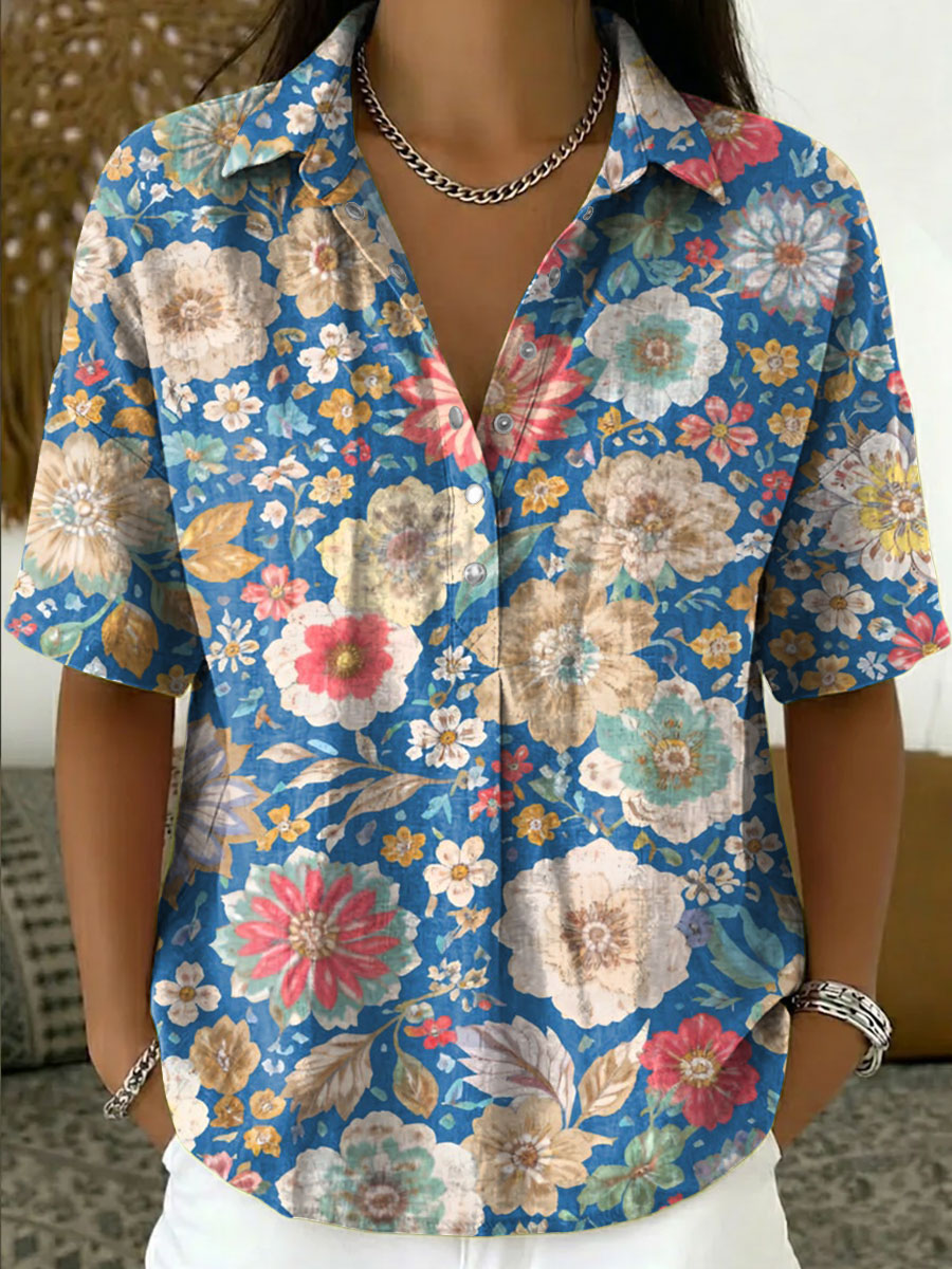 Women's Vintage Botanical Floral Casual Polo Collar Short-sleeved Linen And Cotton Shirt