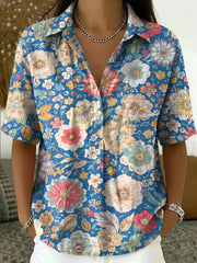 Women's Vintage Botanical Floral Casual Polo Collar Short-sleeved Linen And Cotton Shirt