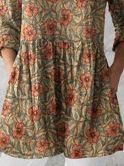 Women's Retro Floral Art Print Casual Cotton And Linen V-neck Top