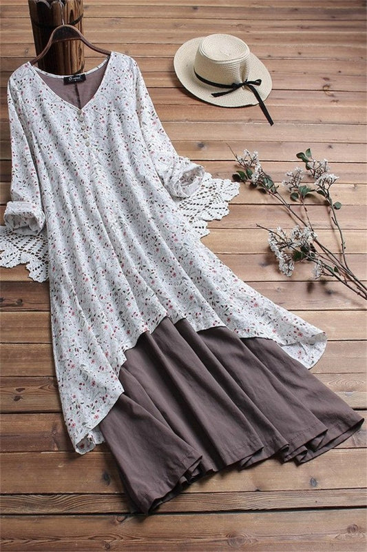 Floral Print V-neck Long Sleeves Midi Dress
